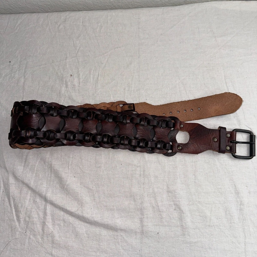 Vintage Y2K Hip Slung Waist Belt M Boho Chocolate Brown Woven Leather Adjustable - Picture 2 of 7